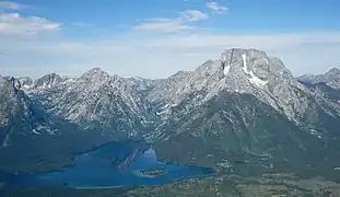 Mount Woodring, left of center, between Paintbrush Canyon and Leigh Canyon, with Mount Moran to the right