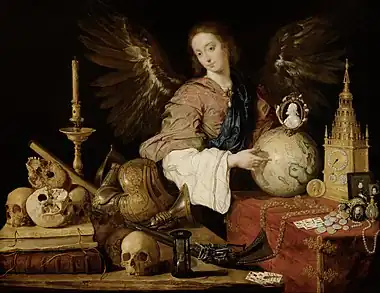 Image 10VanitasPainting: Antonio de PeredaAllegory of Vanity, a vanitas completed by Antonio de Pereda between 1632 and 1636. Works in this category of symbolic art, especially associated with still life paintings of 16th- and 17th-century Flanders and the Netherlands, refer to the traditional Christian view of earthly life and the worthless nature of all earthly goods and pursuits. The Latin noun vanĭtās means "emptiness" and derives its prominence from Ecclesiastes. Common symbols in vanitas include skulls, rotten fruit; bubbles; smoke, watches, hourglasses, and musical instruments.More selected pictures