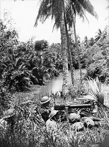 Troops manning a Vickers machine gun on a ridge overlooking a creek amidst a jungle setting