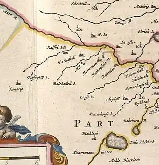 Blaeu's map from 1654 based on Pont's original c.1596 "The East Central Lowlands (Stirling, Falkirk & Kilsyth) - Pont 32" map depicting Langrig west of Slamannenn