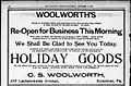 C. S. Woolworth store advertisement, announcing the opening of the expanded and remodeled store at 317-319 Lackawanna Ave., Scranton PA – Dec 8, 1900.