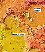 MOLA context image for the series of three images to follow of gullies in a trough and nearby crater.  This image shows where the image is in relation to Mariner Crater and Sirenum Fossae.