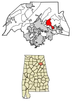 Location of Tidmore Bend in Etowah County, Alabama.