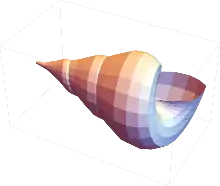 graphics complex of a seashell with flat shading modeled in Mathematica