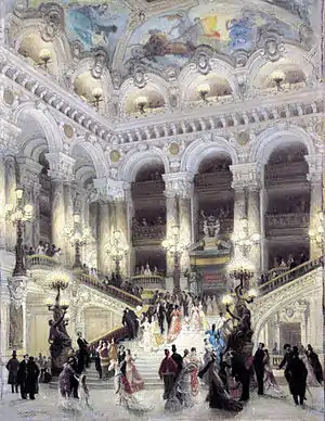 The grand stairway of the Paris Opera, designed by Charles Garnier, in the style he called simply "Napoleon&nbsp;III"