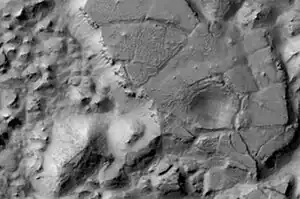 Gorgonum Chaos as seen by Mars Reconnaissance Orbiter HiRISE. Image is 4&nbsp;km (2.5&nbsp;mi) wide.  Image in Phaethontis quadrangle.