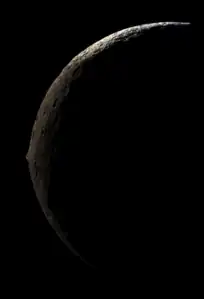 Iapetus' massive equatorial ridge is clearly visible from Cassini's images as the space probe approached Iapetus from its nightside during its closest flyby of the moon on September 10, 2007 at a distance of 83,000 kilometers (51,600 miles). The spacecraft came as close as 1,227&nbsp;km (762&nbsp;mi) from the moon's surface during this flyby. This is also the clearest picture of the equatorial ridge to date.