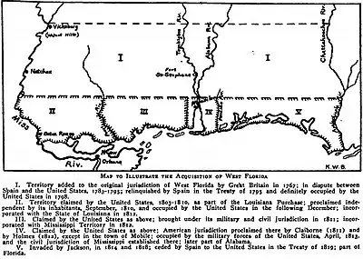 Annotated map of the territorial changes of Spanish West Florida