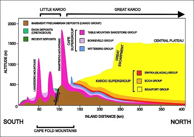 A diagrammatic 400&nbsp;km south–north crosssection through the Cape at approximately 21° 30' E (i.e. near Calitzdorp in the Little Karoo), showing the relationship between the Cape Fold Mountains (and their geological structure) and the geology of the Little and Great Karoo, as well as the position of the Great Escarpment. The colour code for the geological layers is the same as those used in the diagram above. The heavy black line flanked by opposing arrows is the fault that runs for nearly 300&nbsp;km along the southern edge of the Swartberg Mountains. The Swartberg Mountain range owes some of its great height to upliftment along this fault line. The subsurface structures are not to scale.