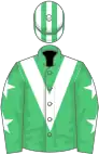 Emerald green, white chevron, emerald green sleeves, white stars, striped cap