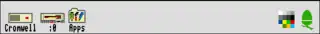 Screenshot of the icon bar under RISC OS 3 showing the following: Left portion, from left&nbsp;–  Discs (in this case a hard disc and floppy disc), Apps folder (Resources:$.Apps), Right portion, from right&nbsp;–  Task Manager, Display Manager
