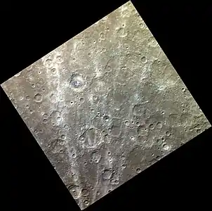 The region around Vincente in exaggerated color.  The rays of Han Kan crater cross the scene.