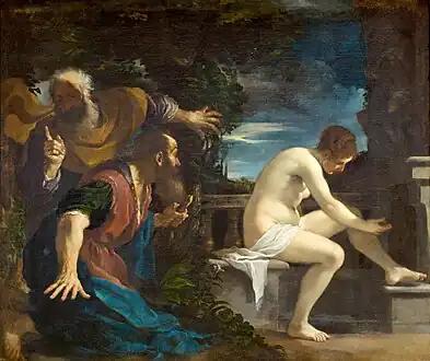 Susanna and the Elders (1617, oil on canvas, 176 × 208&nbsp;cm, Museo del Prado, Madrid, Spain) was painted in Bologna for Cardinal Alessandro Ludovisi, the future Pope Gregory XV. The dramatic dynamism of this early work contrasts with the studied classicism of the artist's later depiction of the same story in 1649–1650.