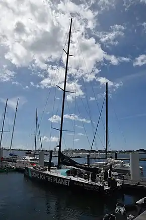 The Mirpuri Foundation Racing Team's VO65 docked in Lorient, France before the start of the 2021 Ocean Race Europe.