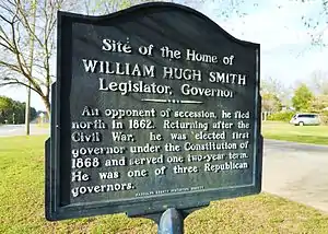 This historic marker marks the site of the home of William Hugh Smith, 21st Governor of Alabama (1868–1870).