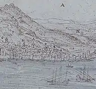 Hermitage of Our Lady of the Rosary labelled 'E' in Anton van den Wyngaerde's 1567 sketch