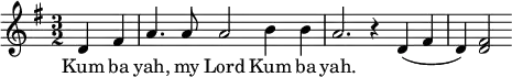 \language "english"\relative c'
  {
    \key g \major \time 3/2 \partial 2 d4 fs a4. a8 a2 b4 b a2.
     r4 d,4 (fs4 d4) <d fs>2
   }
   \addlyrics {
     Kum ba yah,  my Lord Kum ba yah.
   }
  