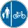 Cycle and pedestrian path sign - a circular blue sign with a bicycle icon to the right of a line, and two people holding hands to the left